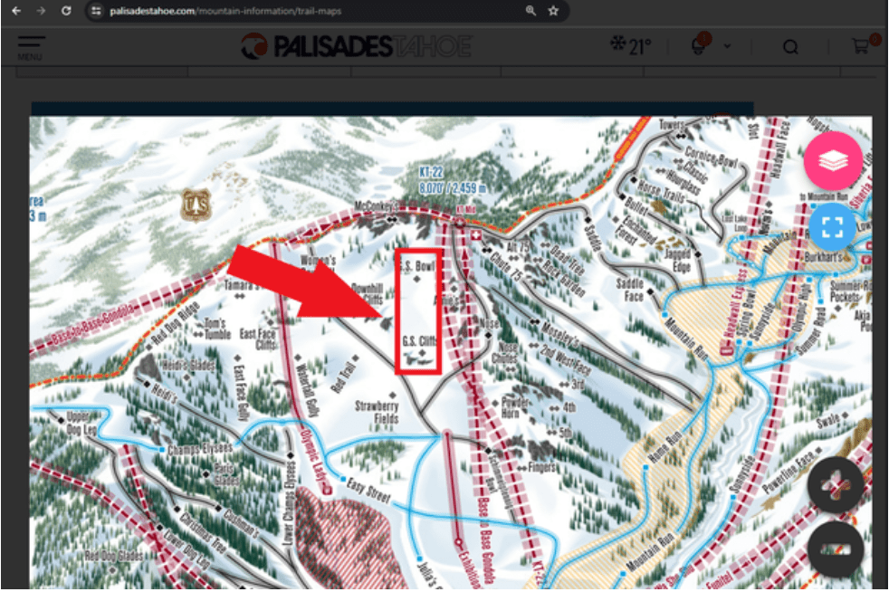 The Avalanche Site, as indicated by Palisades Tahoe.